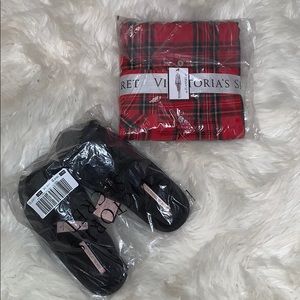 VS flannel pajamas and black slippers